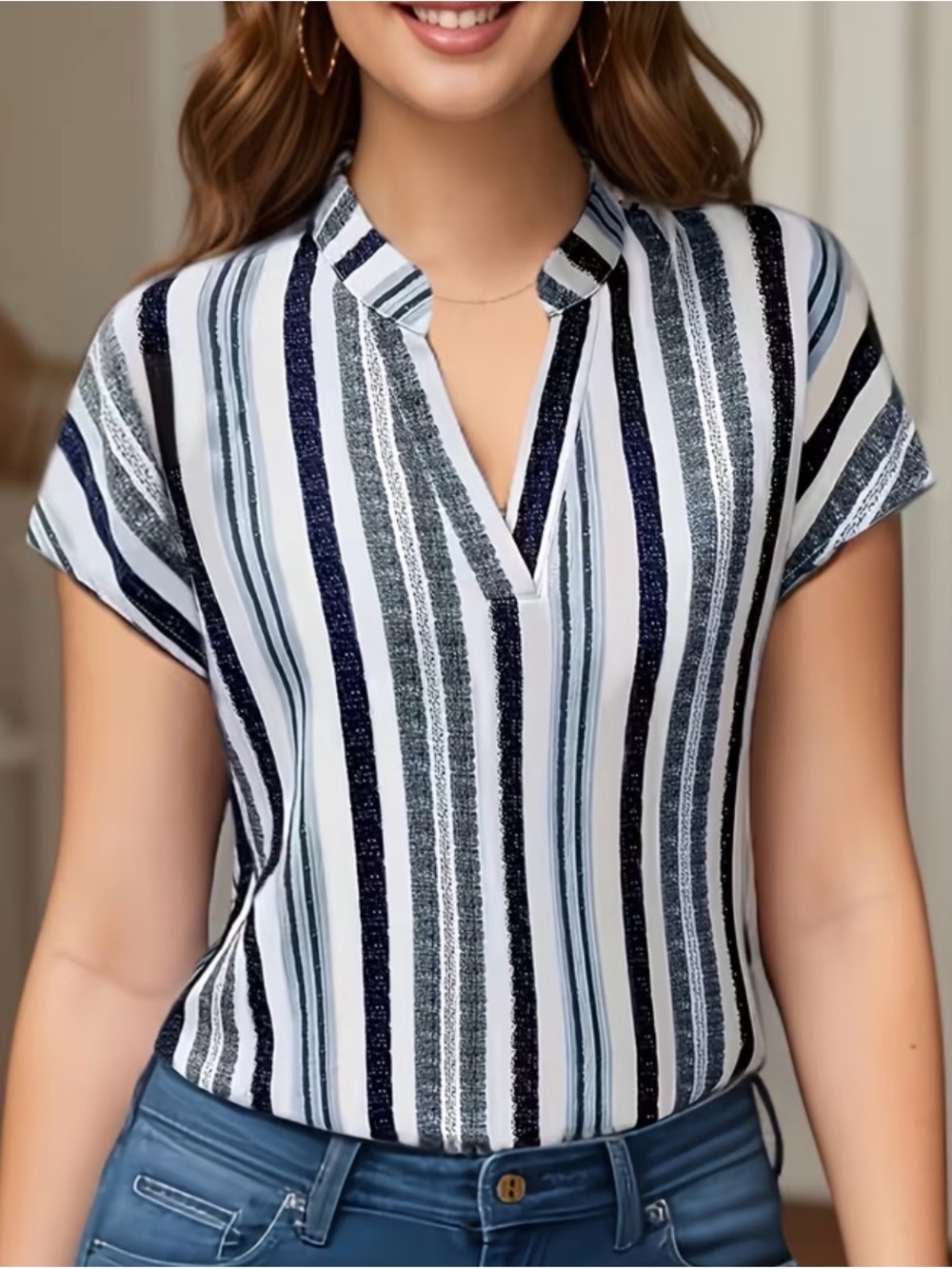 Striped Short-Sleeve woman’s  Shirt in White and Navy